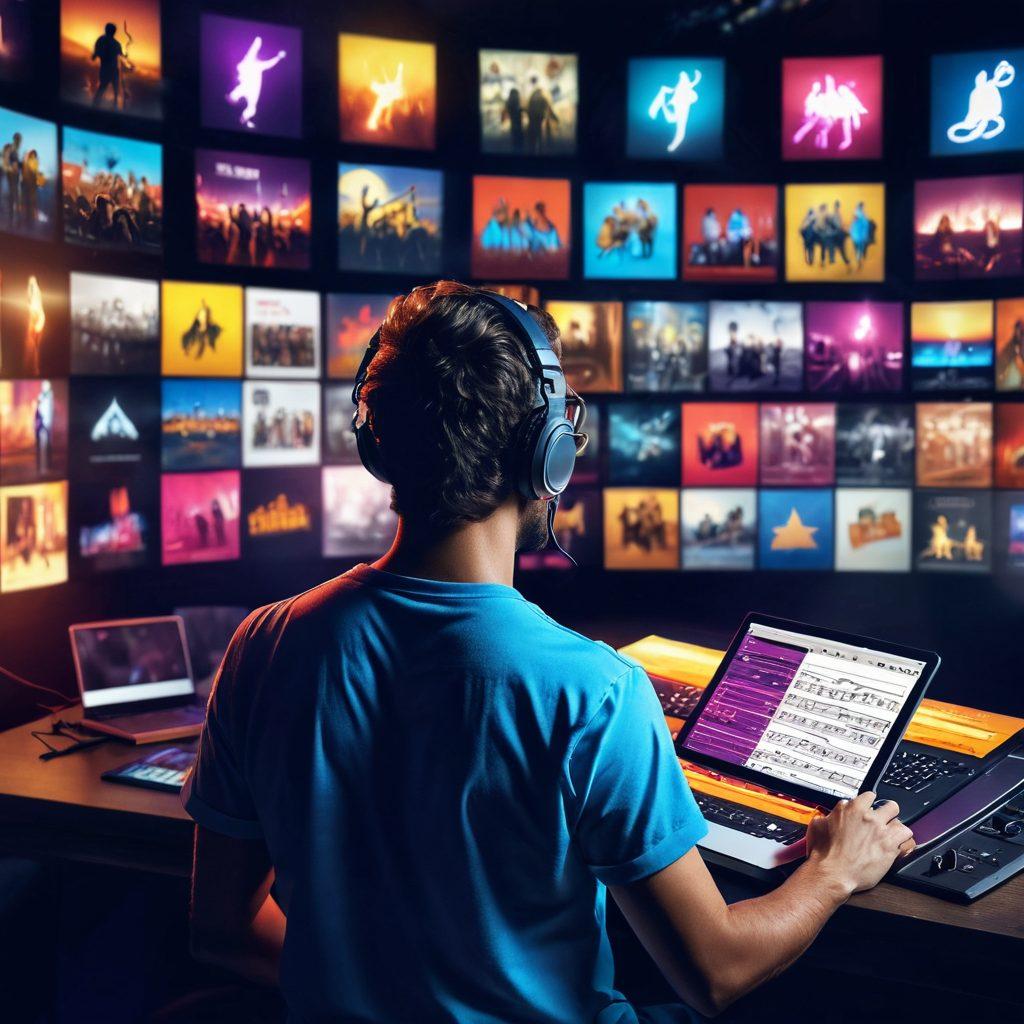 A modern music enthusiast eagerly browsing through a digital album catalog, surrounded by vibrant album covers glowing with dynamic colors. In the background, a live band performs on stage, with spotlights beaming down, capturing the energy of a concert. The scene conveys excitement and anticipation, showcasing musical notes and sound waves floating through the air. super-realistic. vibrant colors. dynamic composition.