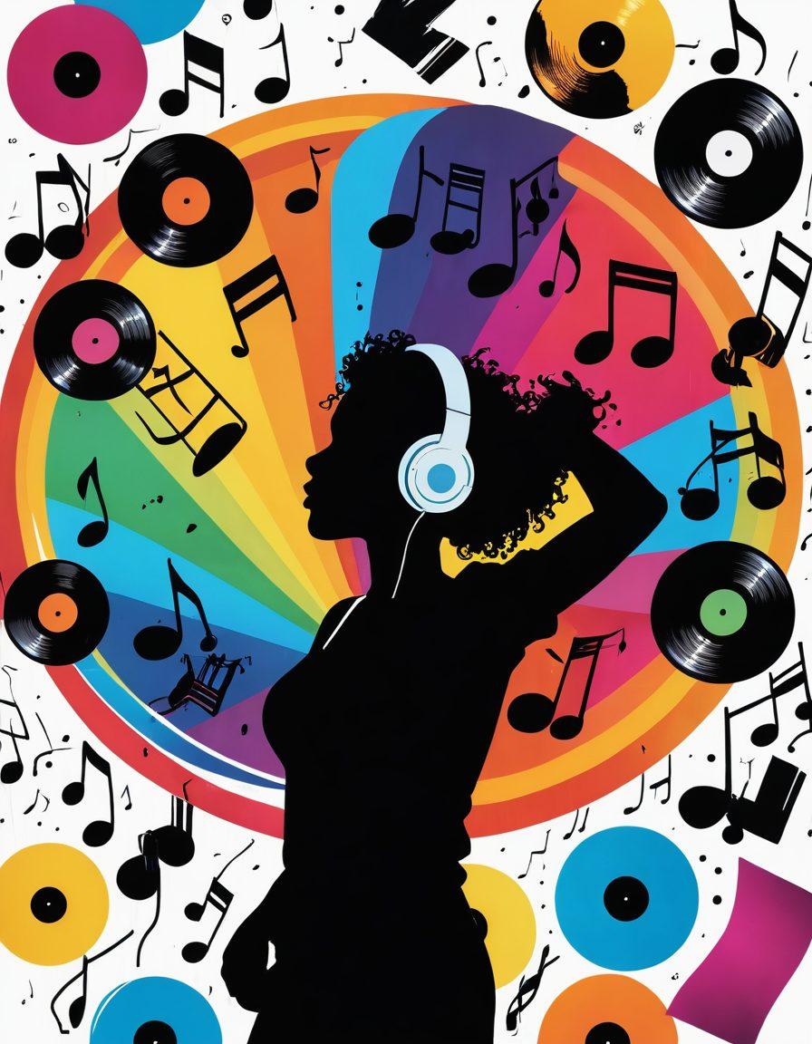 A vibrant collage of diverse musical elements including vinyl records, headphones, and digital sound waves. Incorporate dynamic silhouettes of people dancing and enjoying music in the background. Bright colors should emerge from musical notes swirling around, creating a sense of movement and rhythm. The scene should exude a modern, trendy vibe suitable for music discovery. super-realistic. vibrant colors. white background.