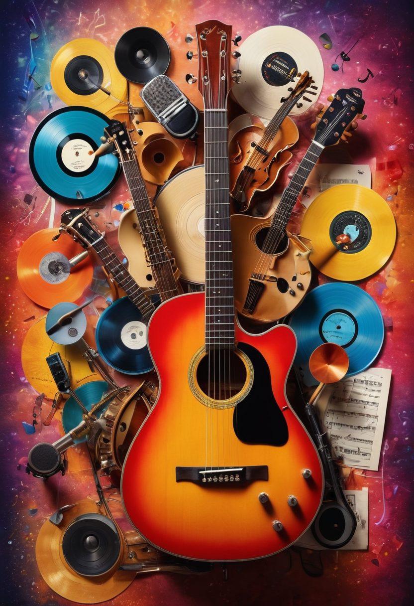 A vibrant collage of musical instruments like guitars, pianos, and microphones, surrounded by images of diverse artists performing on stage, set against a backdrop of colorful music notes. Incorporate subtle textures representing vinyl records and concert lights. This scene should capture the essence of discovery and creativity in music. super-realistic. vibrant colors. dynamic composition.